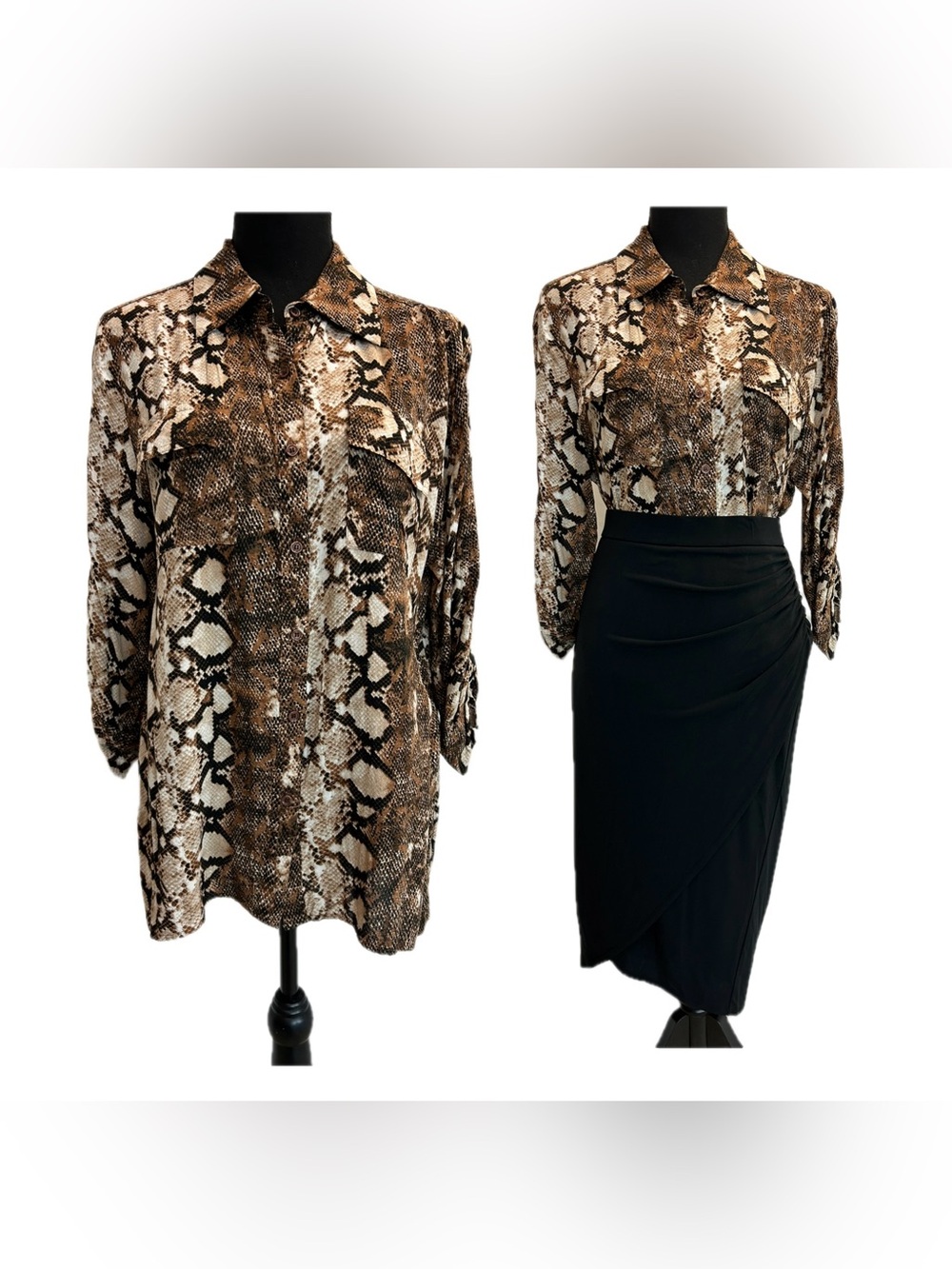Women’s brown snake print button front shirt blouse roll tab sleeve Sz L